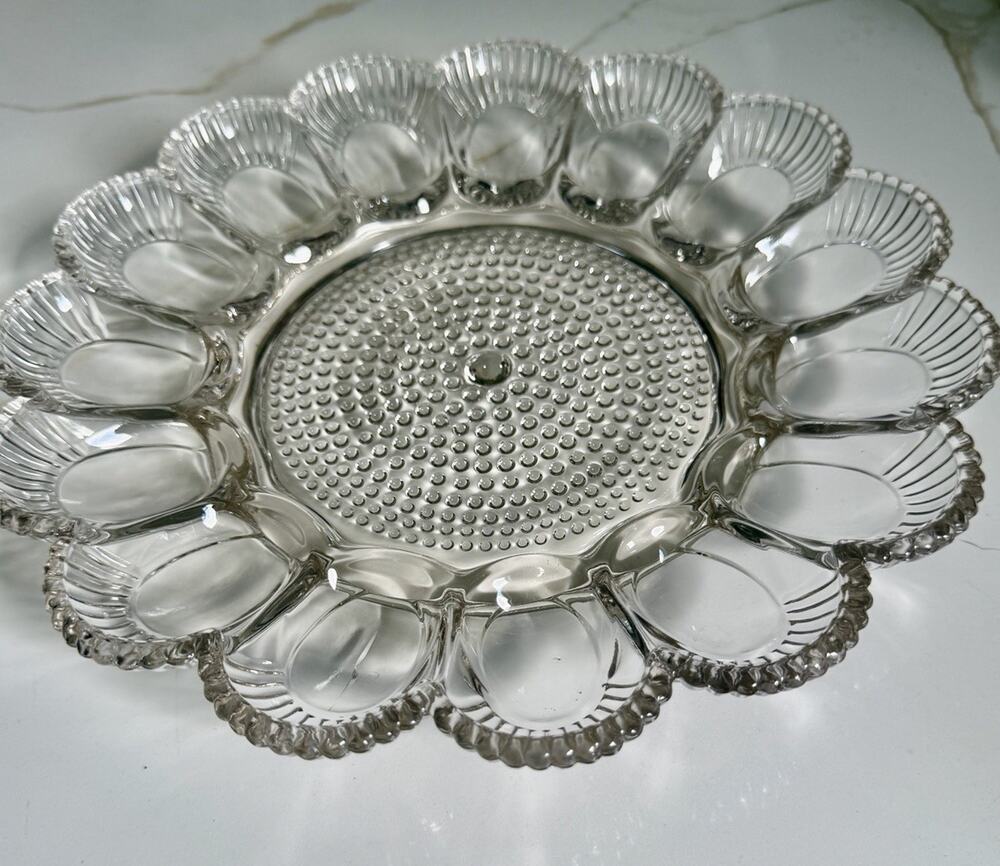 Vintage Indiana Glass Clear 11" Hobnail Deviled 15 Egg Plate Serving Tray MCM